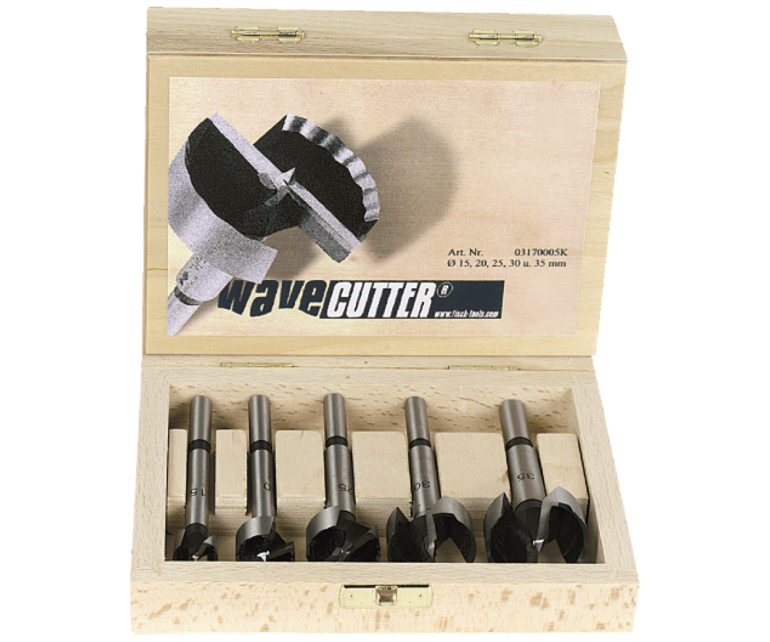 5 piece Forstner drill bit set type 246 in wooden case