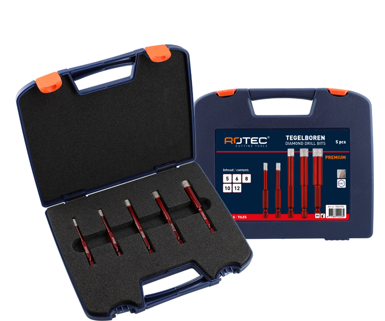 PREMIUM Tile drill bit set with wax, 1/4" E6.3, in case